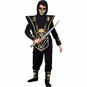 NEW Skull Ninja Costume Halloween Boy Medium 8 Shirt Pants Tunic Mask Black Gold